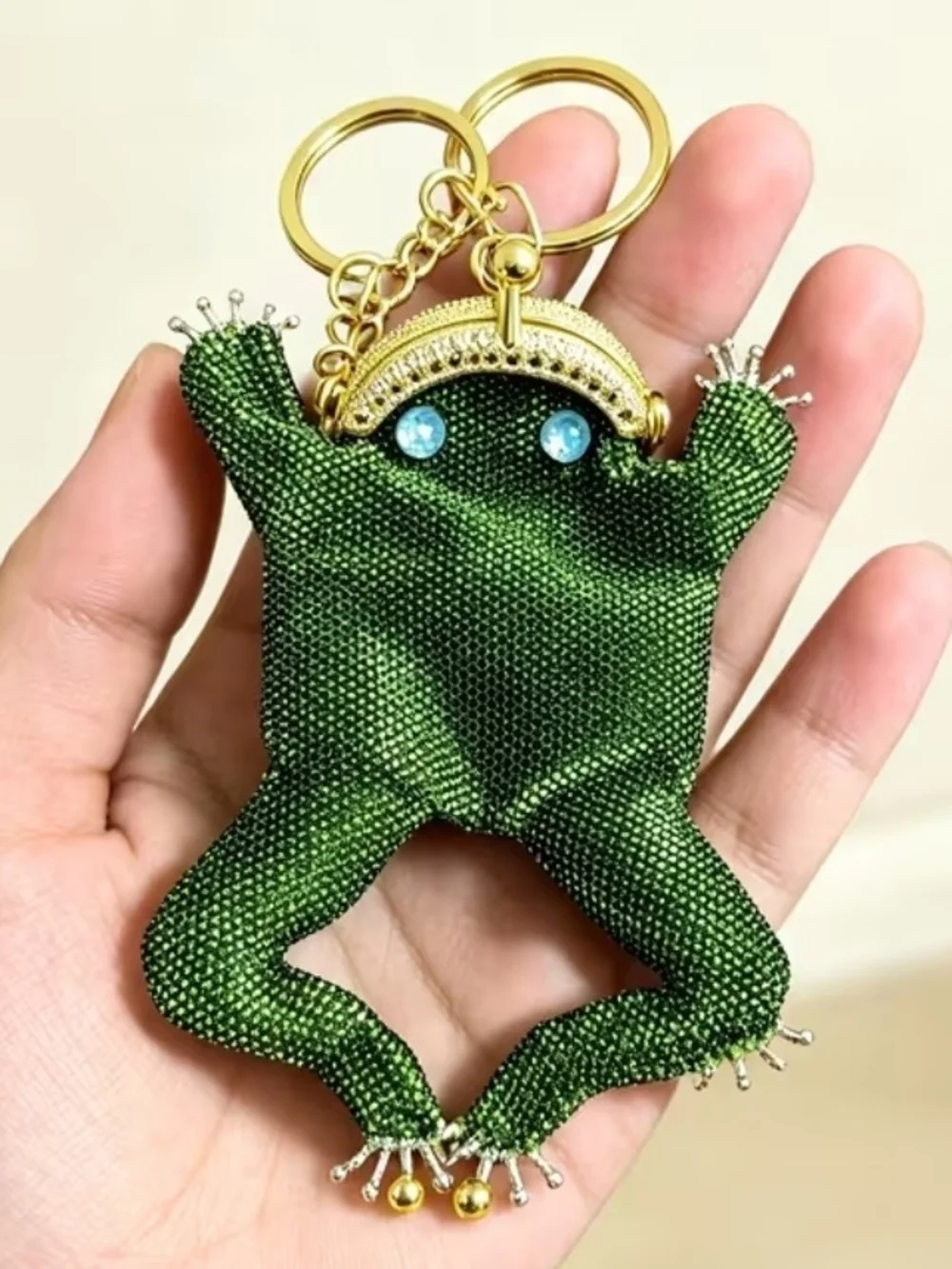 Green Beaded Frog Keychain with Gold Accents
